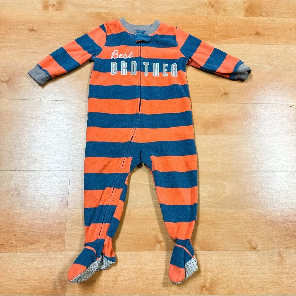 Carters Orange & Blue Striped Fleece “Best Brother” Footie Pajamas Size 18M